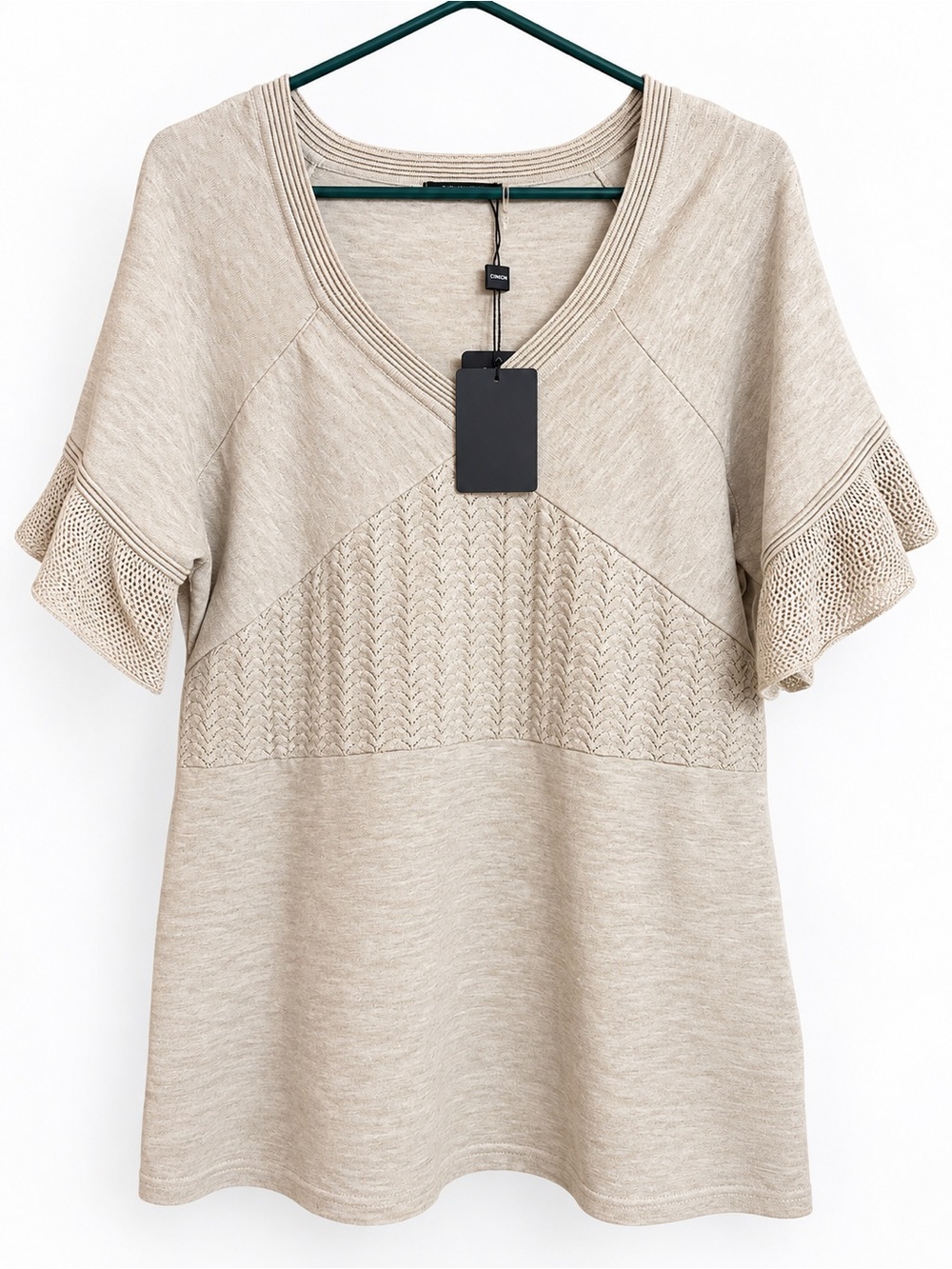 Cyrus Beige V-Neck Knit Top with Crochet Short Sleeves